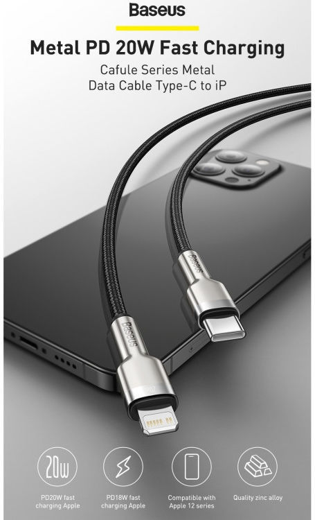 Baseus Cafule Series USB-C naar Apple Lightning Kabel PD 20W 2m Zwart afbeelding 3