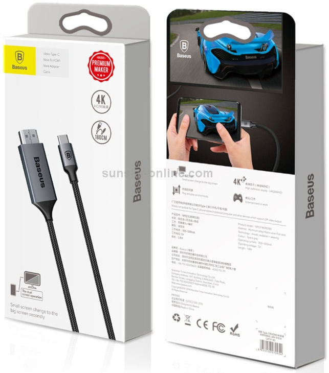 Baseus Video USB-C naar HDMI 4K HD Kabel Adapter 1.8 Meter Grijs afbeelding 7