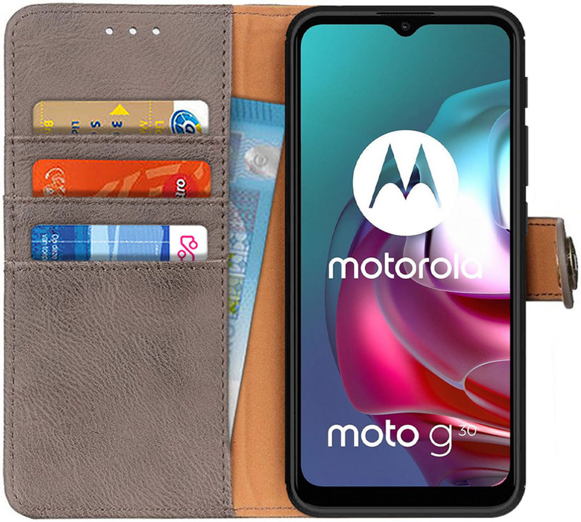 Motorola Moto G10/G20/G30 Hoesje Portemonnee Drukknoop Sluiting Coffee afbeelding 1