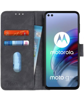 KHAZNEH Motorola Moto G100 Hoesje Retro Wallet Book Case Grijs Hoesjes
