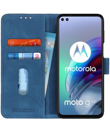 KHAZNEH Motorola Moto G100 Hoesje Retro Wallet Book Case Blauw Hoesjes