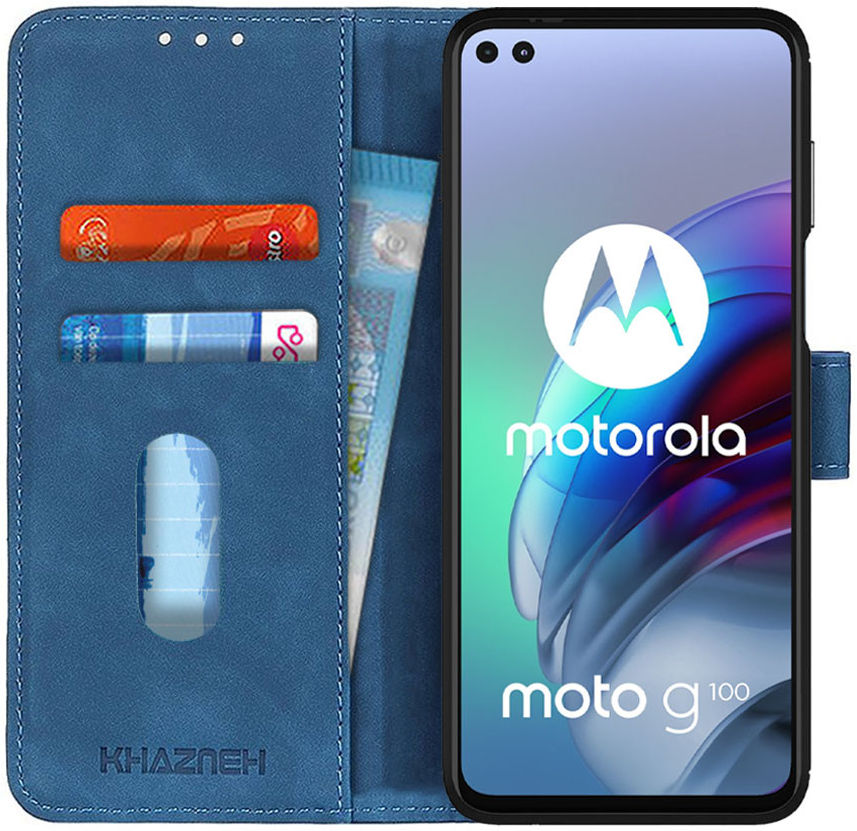 KHAZNEH Motorola Moto G100 Hoesje Retro Wallet Book Case Blauw afbeelding 1