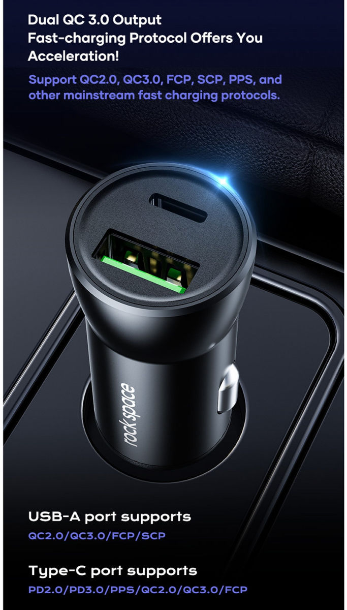 ROCK Universele USB / USB-C PD 20W Fast Charge Autolader Zwart afbeelding 4