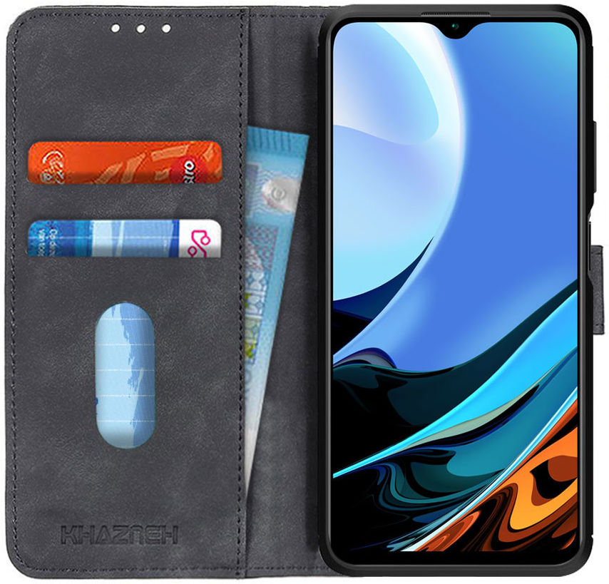 KHAZNEH Xiaomi Redmi 9T Hoesje Retro Wallet Book Case Zwart afbeelding 1