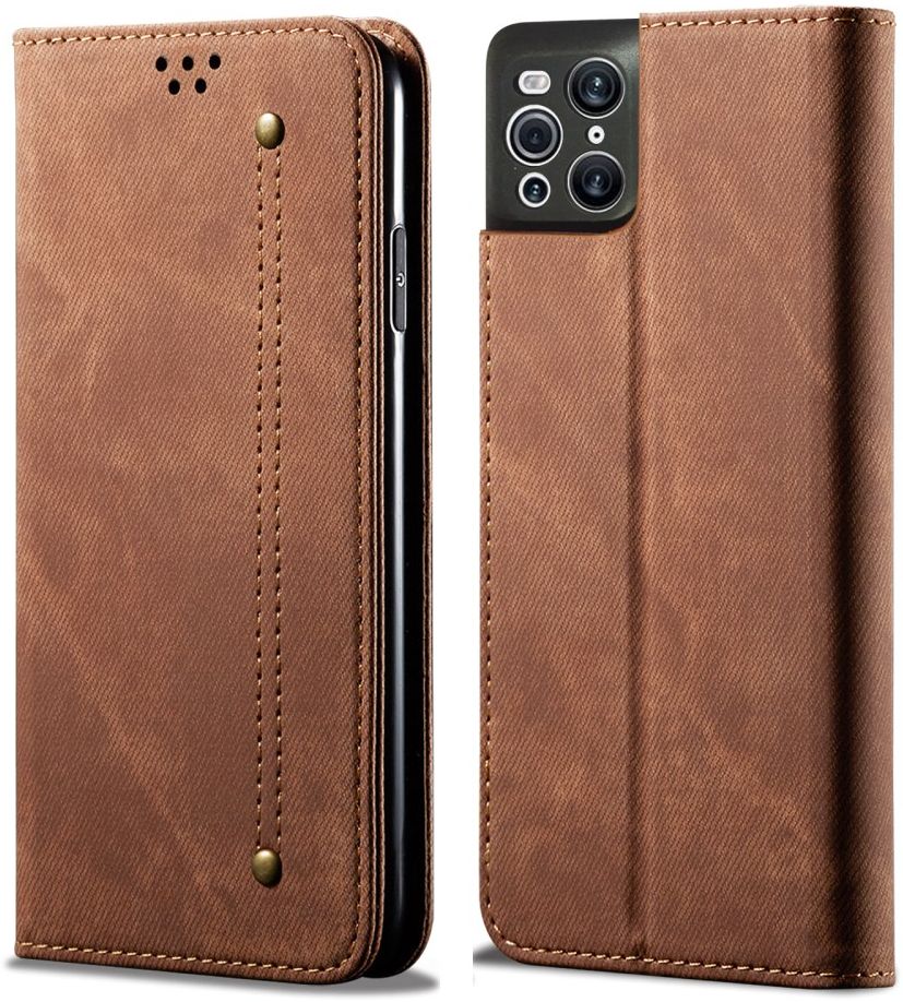 Oppo Find X3 Pro Hoesje Portemonnee Stof Textuur Book Case Bruin afbeelding 3