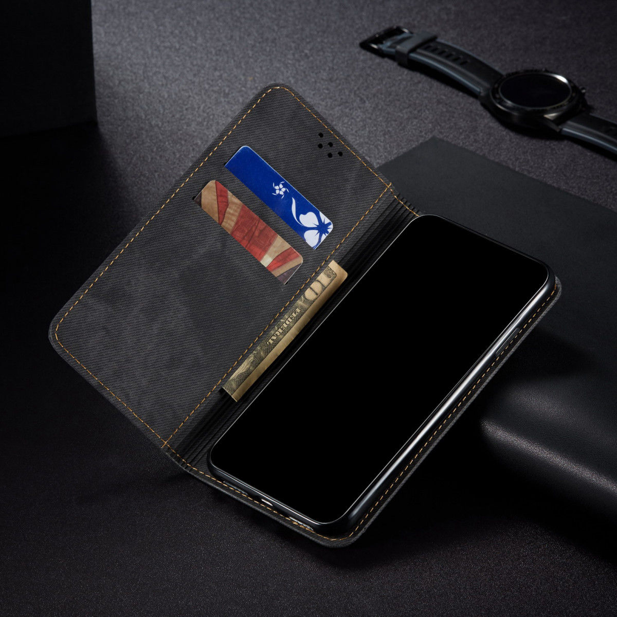 Oppo Find X3 Pro Hoesje Portemonnee Stof Textuur Book Case Zwart afbeelding 4