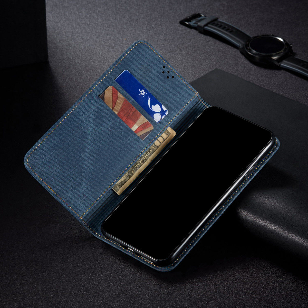 Oppo Find X3 Pro Hoesje Portemonnee Stof Textuur Book Case Blauw afbeelding 4