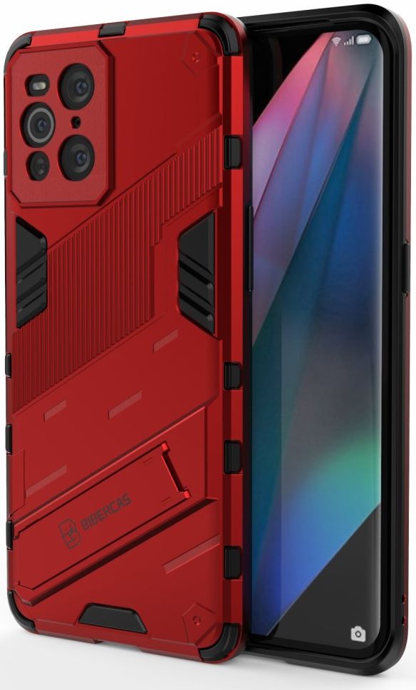Oppo Find X3 Pro Hoesje Hybride Back Cover met Kickstand Rood afbeelding 3
