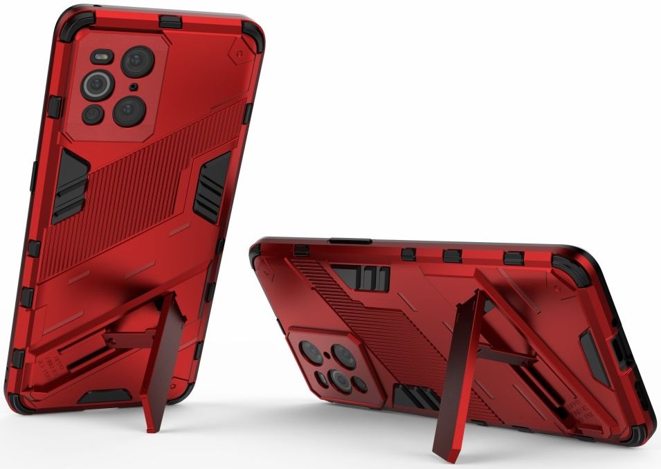 Oppo Find X3 Pro Hoesje Hybride Back Cover met Kickstand Rood afbeelding 2