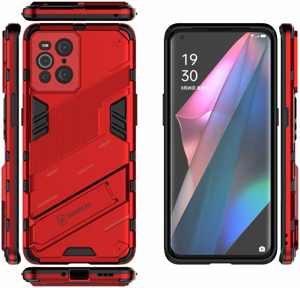 Oppo Find X3 Pro Hoesje Hybride Back Cover met Kickstand Rood afbeelding 5