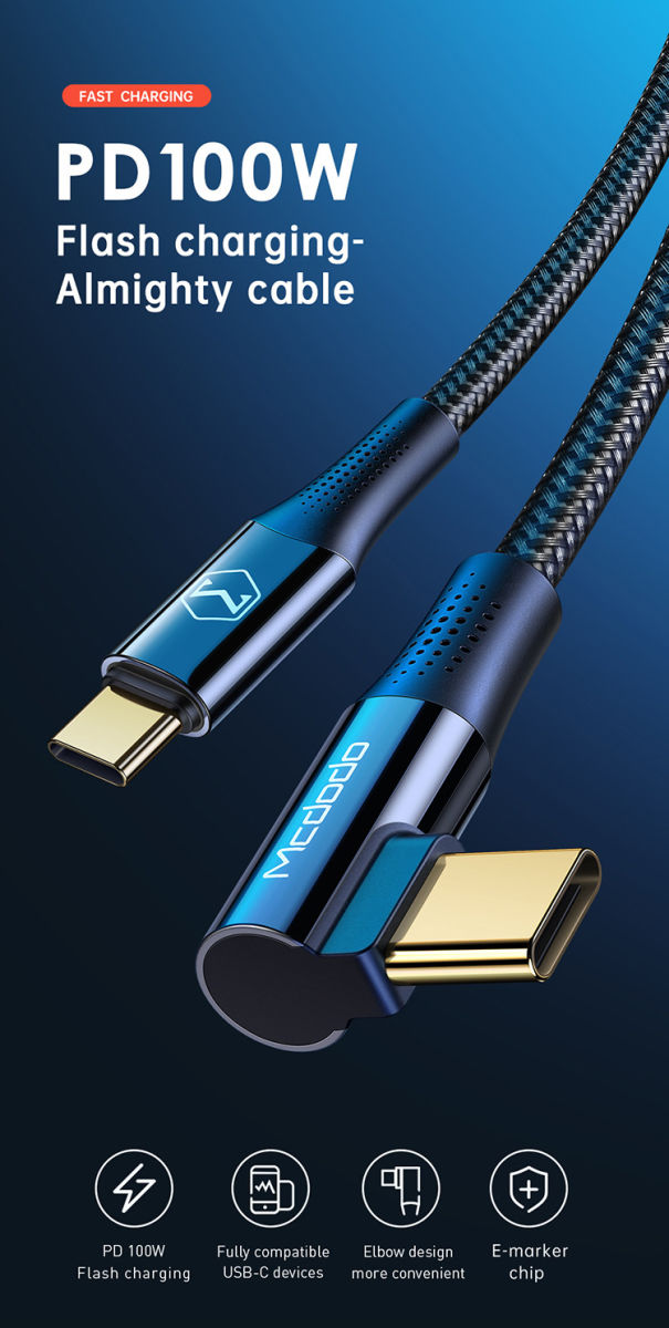 Fast Charge 100W USB-C Snellaad Kabel 1.2 Meter met Haakse Hoek Blauw afbeelding 5