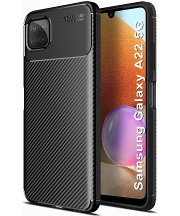 Samsung Galaxy A22 5G Hoesje Siliconen Carbon TPU Back Cover Zwart Hoesjes