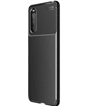 blaas gat Ounce Zeestraat Sony Xperia 10 III Hoesje Siliconen Carbon TPU Back Cover Zwart | GSMpunt.nl