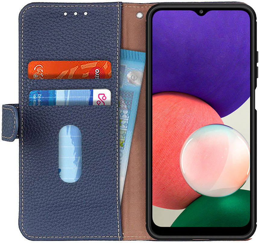 KHAZNEH Samsung Galaxy A22 5G Hoesje Portemonnee Echt Leer Blauw afbeelding 1