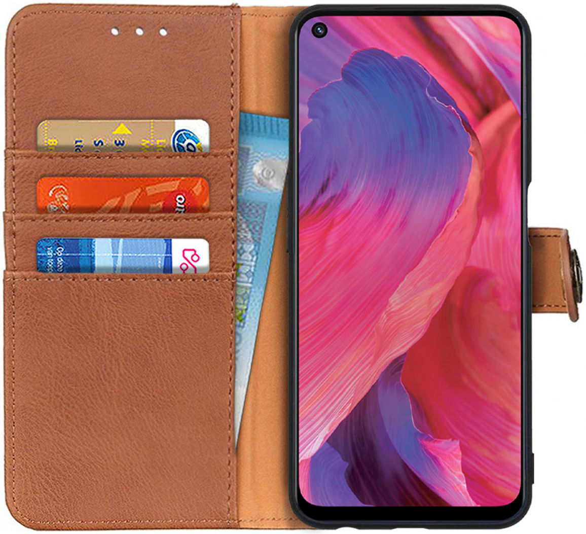 Oppo A54 5G / A74 5G Hoesje Portemonnee met Drukknoop Sluiting Bruin afbeelding 1