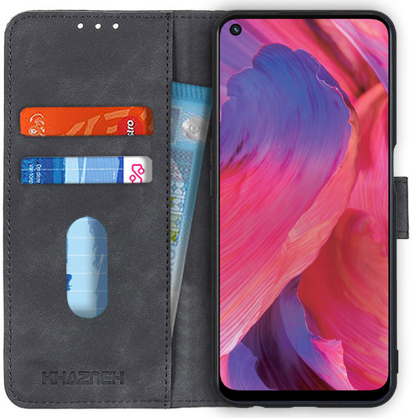 KHAZNEH Oppo A54 5G / A74 5G Hoesje Retro Wallet Book Case Zwart afbeelding 1