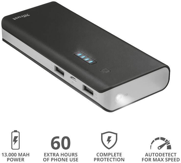 Trust Primo Powerbank 13.000 mAh met Twee Outputs 2.1A Zwart afbeelding 4