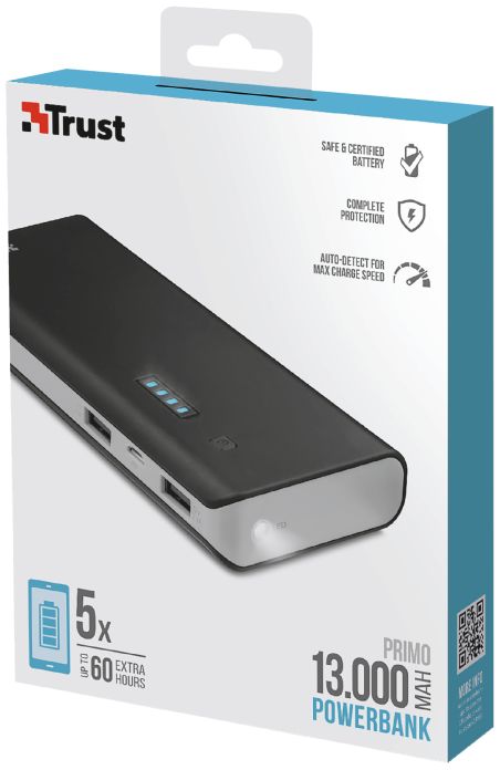 Trust Primo Powerbank 13.000 mAh met Twee Outputs 2.1A Zwart afbeelding 7