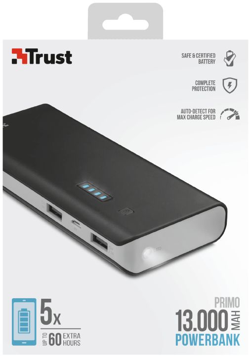 Trust Primo Powerbank 13.000 mAh met Twee Outputs 2.1A Zwart afbeelding 8