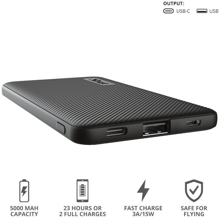 Trust Primo Ultra Dunne Mini Powerbank USB/USB-C 5.000 mAh Zwart afbeelding 10