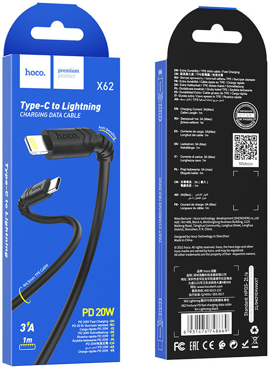 Hoco X62 USB-C naar Apple Lightning Kabel PD 20W 1 Meter Zwart afbeelding 7