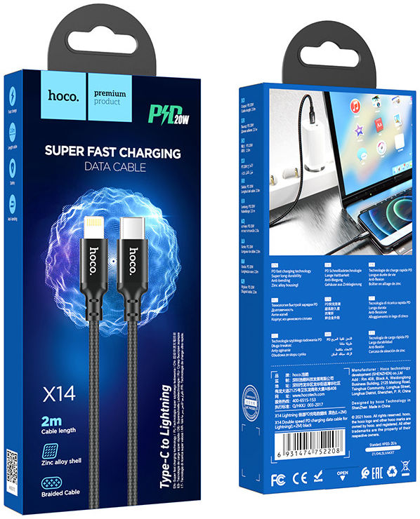 Hoco 20W PD Gevlochten USB-C naar Lightning Kabel 2M Fast Charge Zwart afbeelding 10