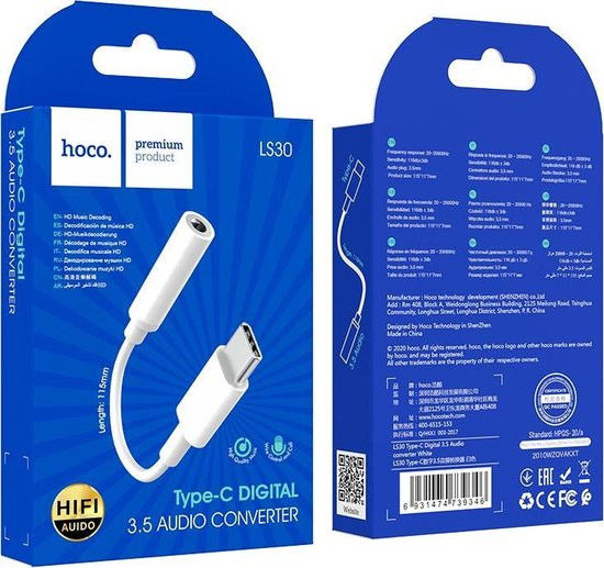 Hoco USB-C naar 3.5mm Jack (female) Aux Connector Wit afbeelding 6