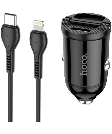 Hoco Dubbele 30W PD Autolader + USB-C naar Lightning kabel Zwart Opladers