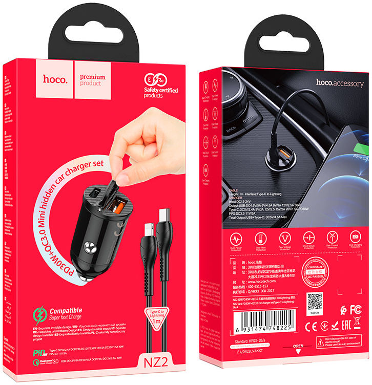Hoco Dubbele 30W PD Autolader + USB-C naar Lightning kabel Zwart afbeelding 7