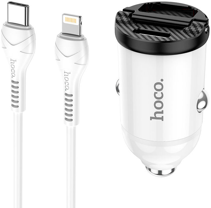 Hoco Dubbele 30W PD Autolader + USB-C naar Lightning kabel Wit afbeelding 2