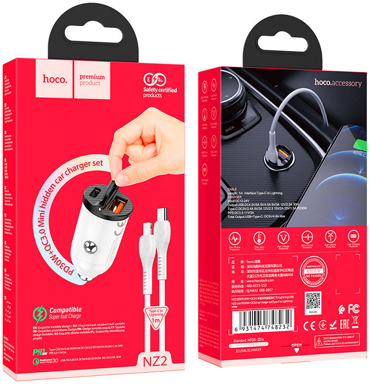 Hoco Dubbele 30W PD Autolader + USB-C naar Lightning kabel Wit afbeelding 6