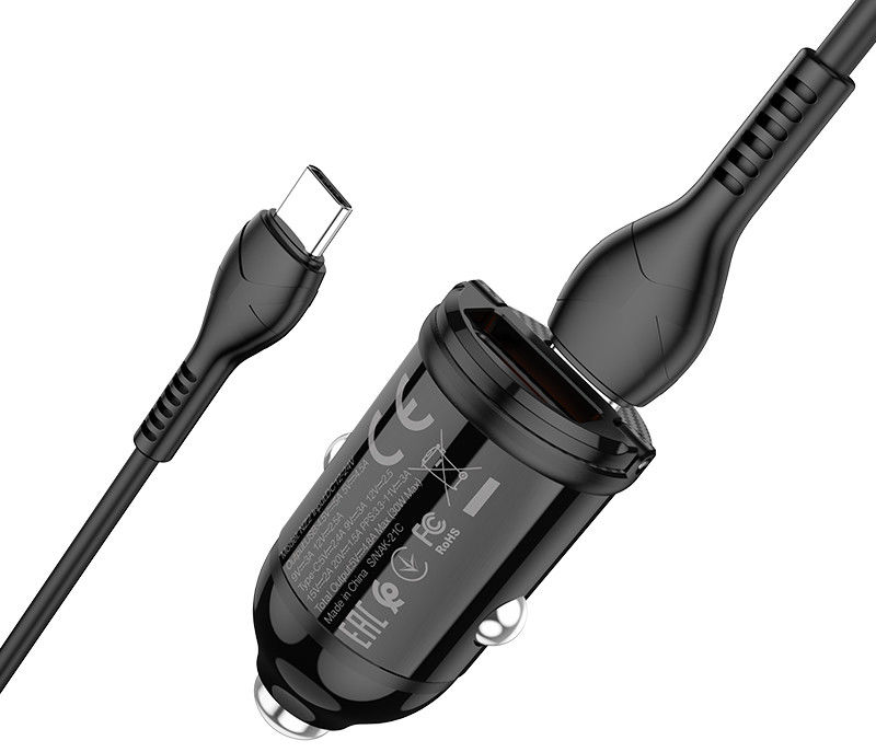 Hoco 4.8A Auto Snellader 30W met QC en PD 3.0 + USB-C Kabel 1M Zwart afbeelding 2