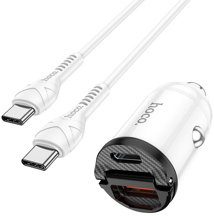 Hoco 4.8A Auto Snellader 30W met QC en PD 3.0 + USB-C Kabel 1M Wit afbeelding 2