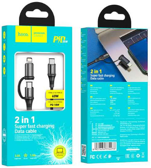 Hoco X50 2-in-1 USB-C naar USB-C / Apple Lightning 1 Meter Zwart afbeelding 4