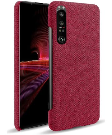 Sony Xperia 1 III Hoesje Hard Plastic Stof Textuur Back Cover Rood Hoesjes