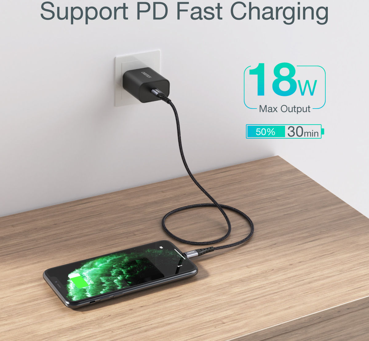 Choetech 18W PD USB-C naar Lightning Kabel 2.4A MFi 1.2M Zwart afbeelding 3