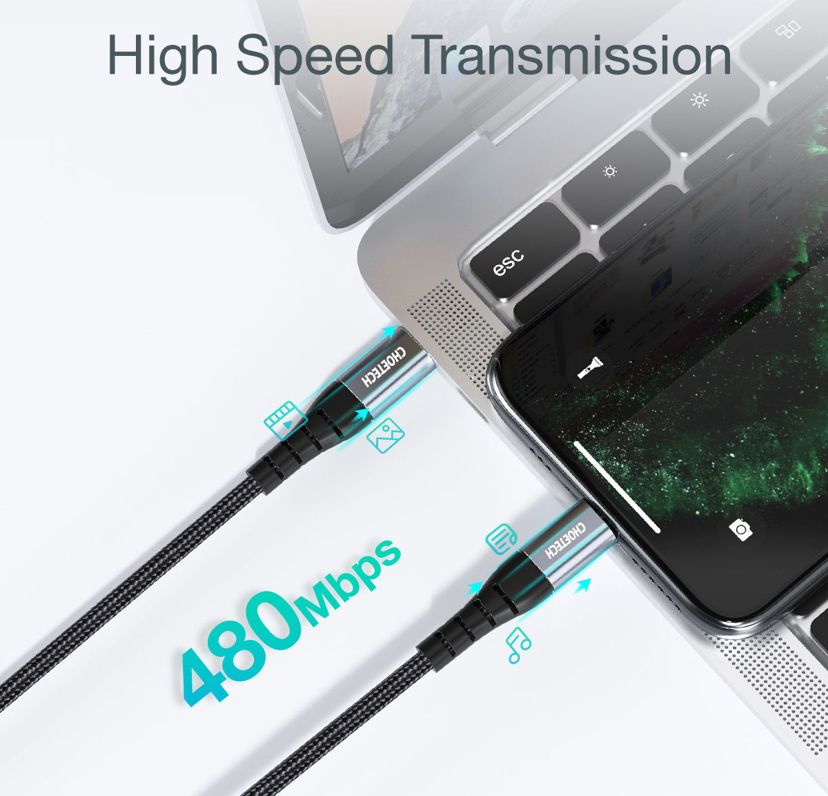 Choetech 18W PD USB-C naar Lightning Kabel 2.4A MFi 1.2M Zwart afbeelding 4