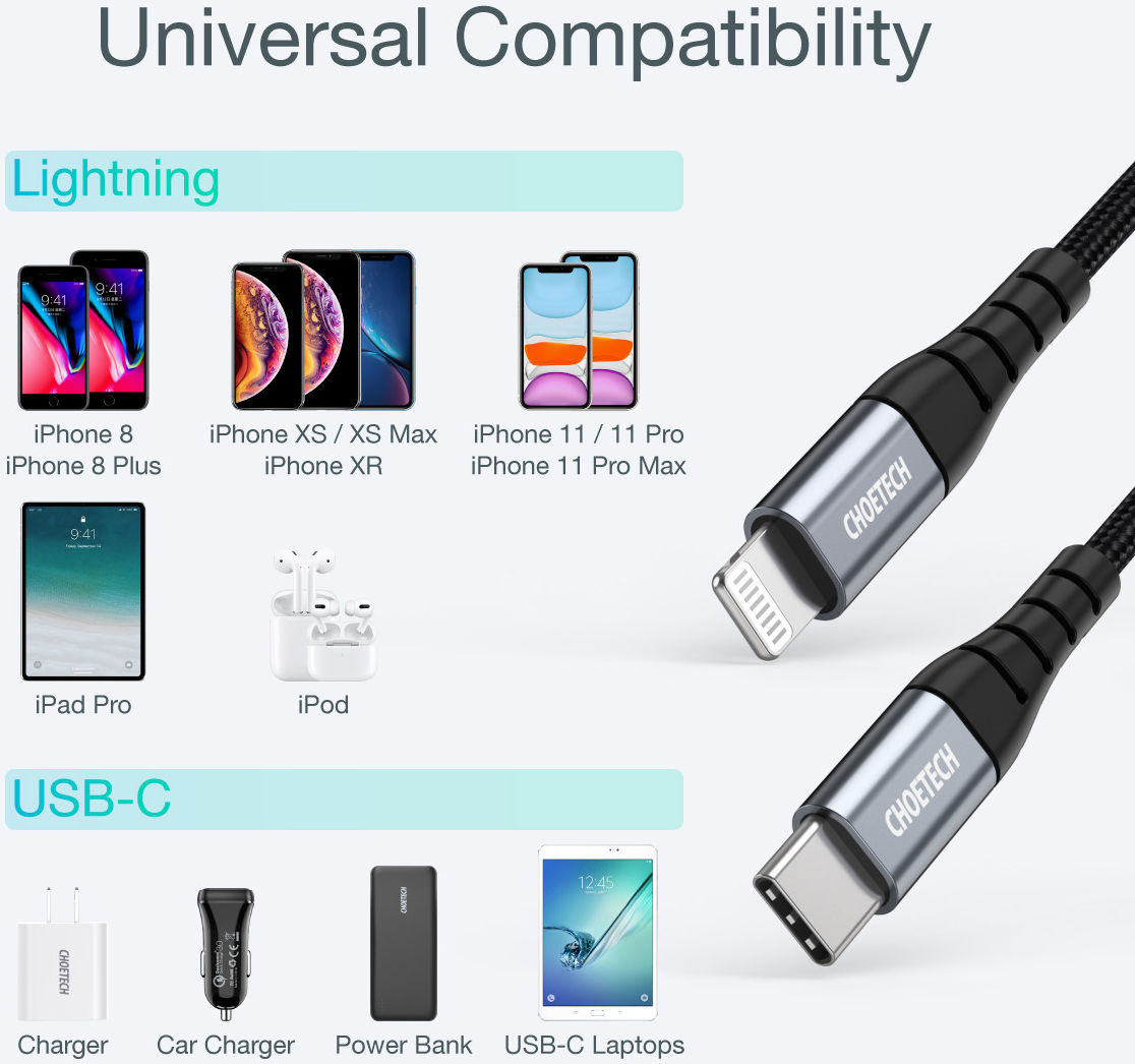 Choetech 18W PD USB-C naar Lightning Kabel 2.4A MFi 1.2M Zwart afbeelding 8