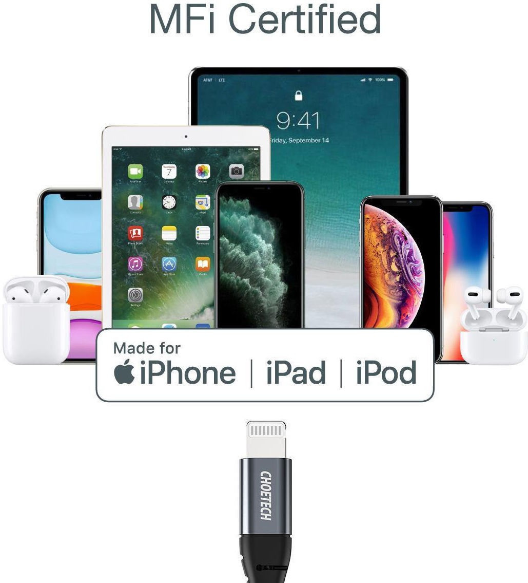 Choetech 18W PD USB-C naar Lightning Kabel 2.4A MFi 1.2M Zwart afbeelding 7