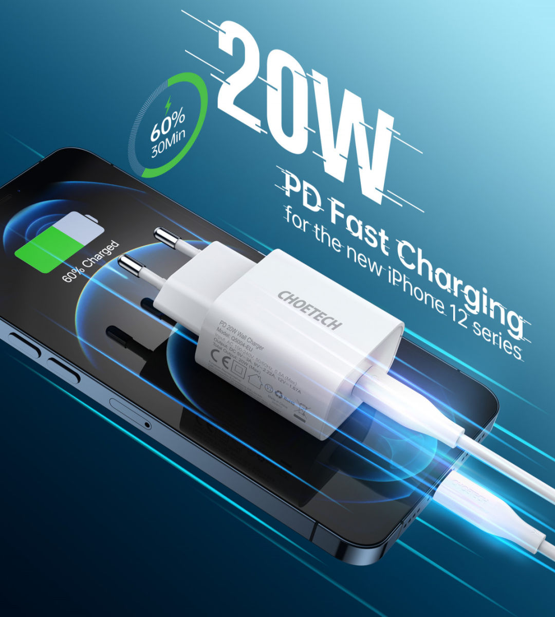 Choetech 20W PD Adapter met USB-C naar Lightning Kabel 1.2 Meter Wit afbeelding 6