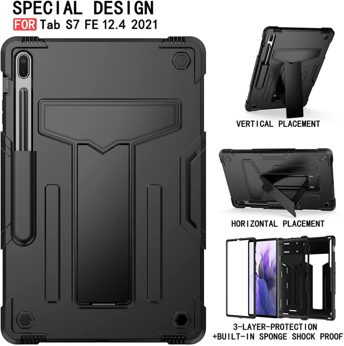 Samsung Galaxy Tab S7 FE/S7 Plus Hoes Kickstand Back Cover Zwart afbeelding 4
