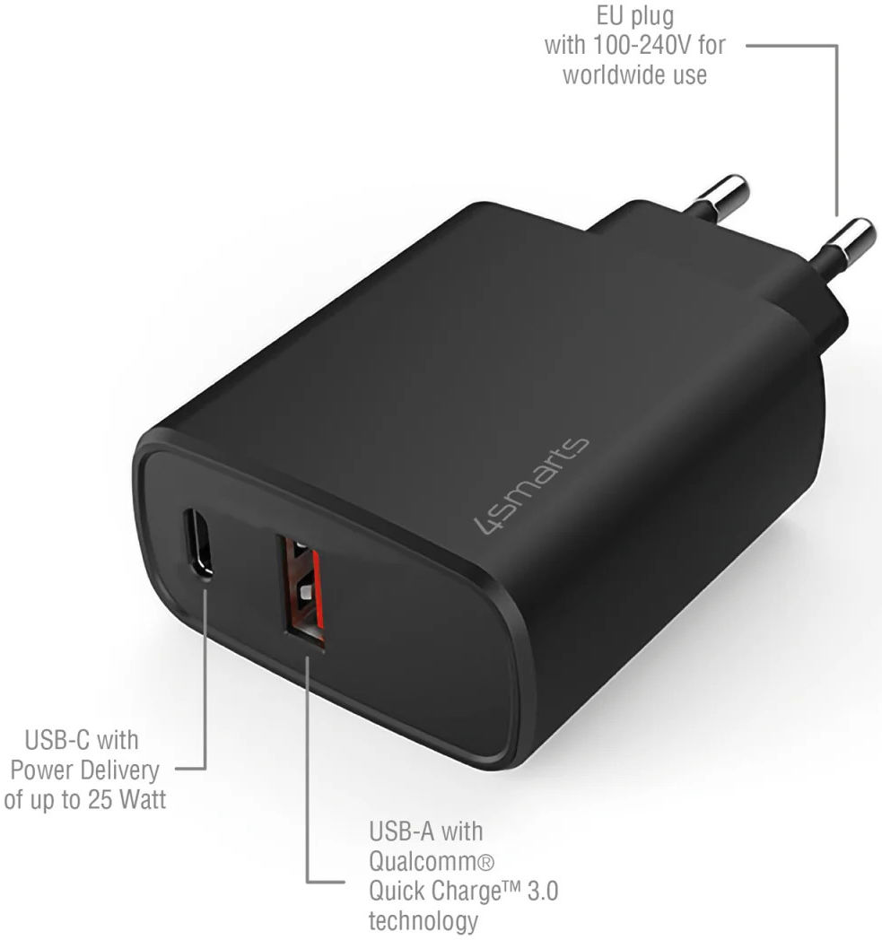4smarts VoltPlug Adapter 25W USB-A / USB-C Snellader Zwart afbeelding 4
