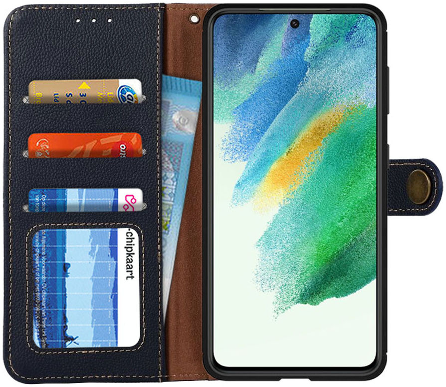 Samsung Galaxy S21 FE Hoesje RFID Portemonnee Bookcase Echt Leer Zwart afbeelding 1