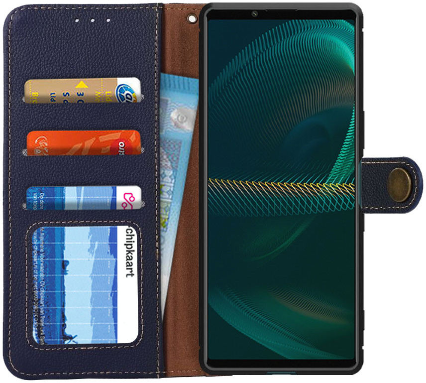 Sony Xperia 5 III Hoesje RFID Portemonnee Book Case Echt Leer Blauw afbeelding 1