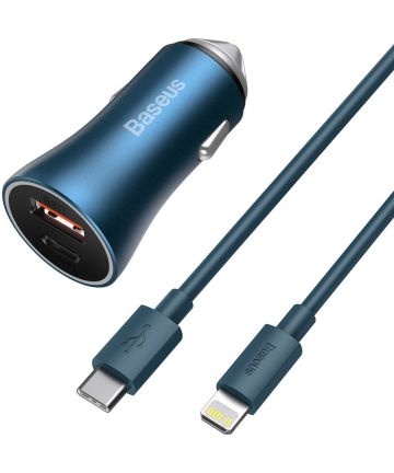 Baseus Fast Charge Autolader 40W PD + Lightning Kabel 1M Blauw Opladers