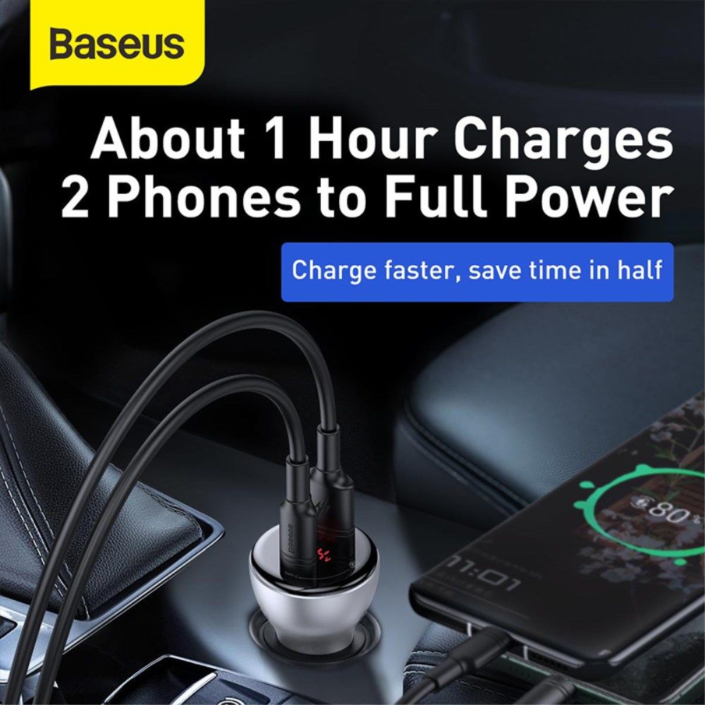 Baseus 45W Fast Charge Autolader + 60W USB-C Kabel 1M Zwart afbeelding 5