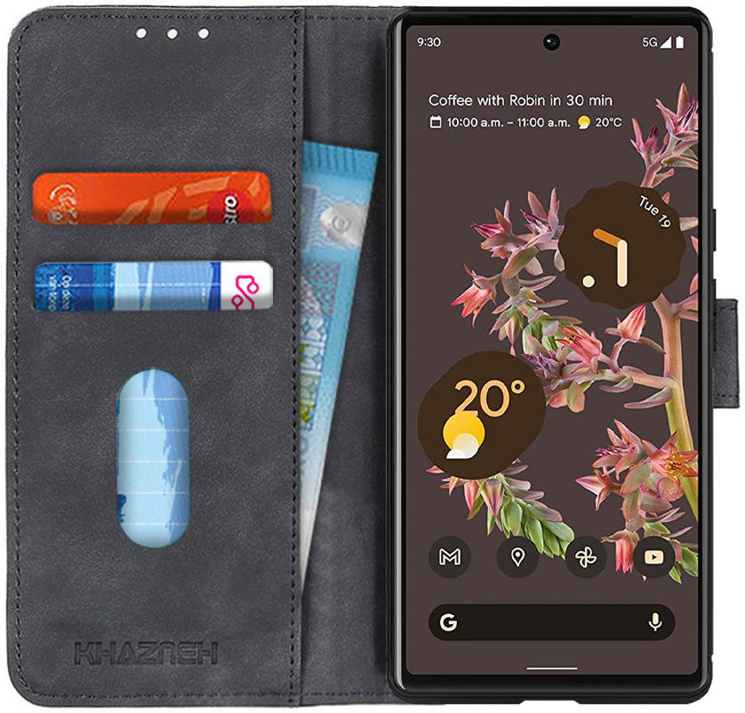 KHAZNEH Google Pixel 6 Hoesje Retro Wallet Book Case Zwart afbeelding 1
