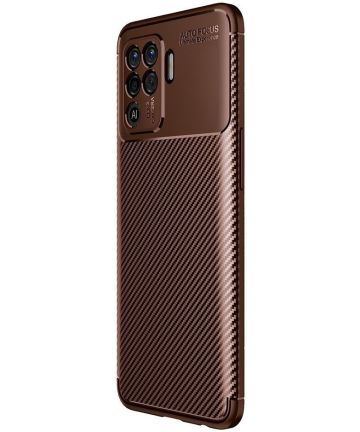 Oppo A94 Hoesje Siliconen Carbon TPU Back Cover Bruin Hoesjes