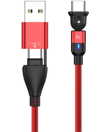 2-in-1 USB-A / USB-C naar USB-C Kabel 60W Power Delivery 1M Rood Kabels