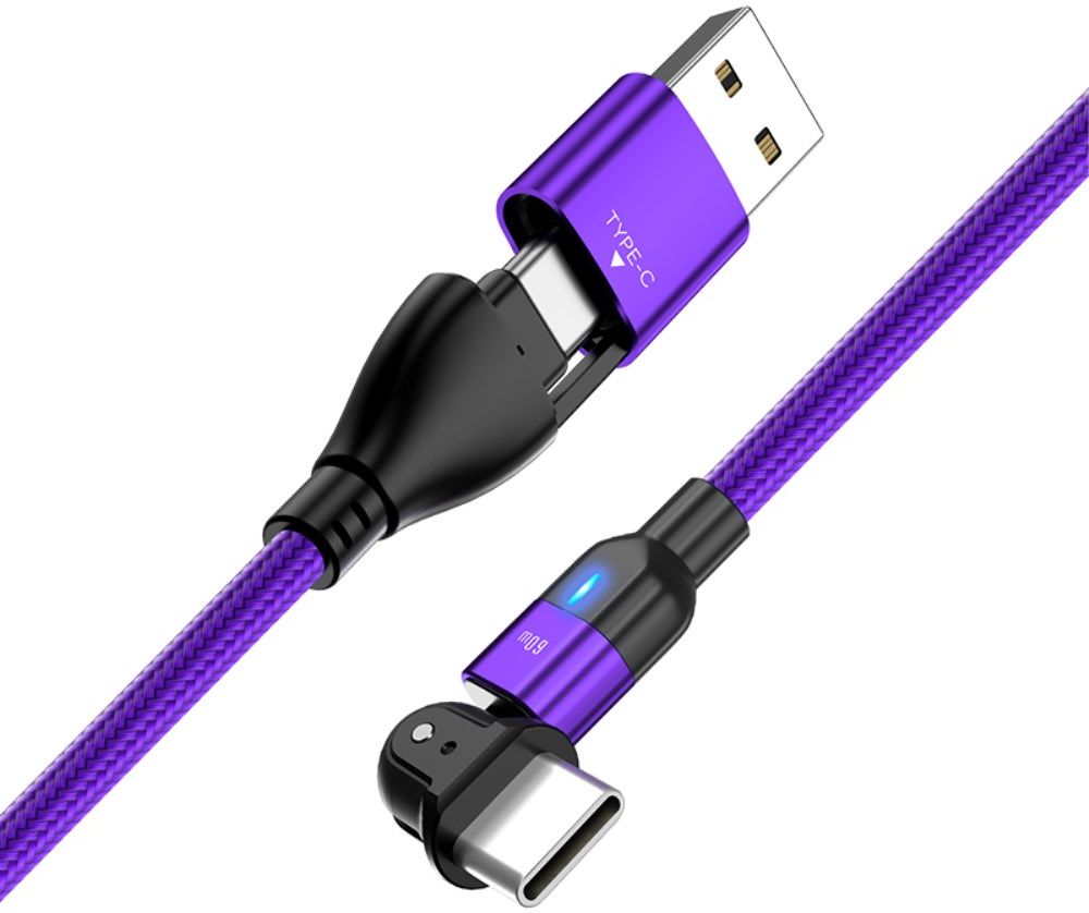 2-in-1 USB-A / USB-C naar USB-C Kabel 60W Power Delivery 2M Paars afbeelding 2